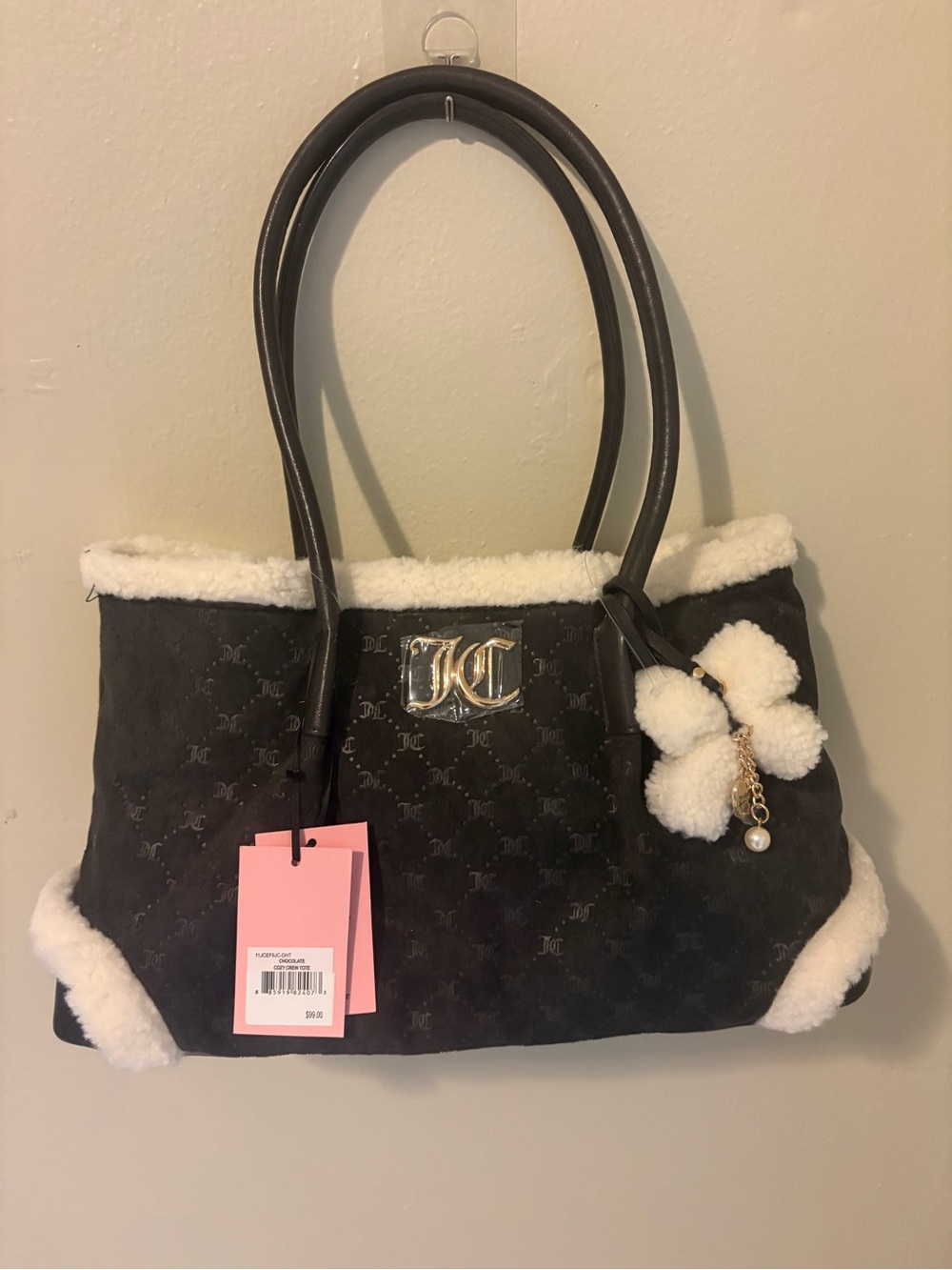 Juicy Couture Black Faux-Shearling Trim Tote with Pom Charm
